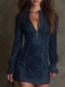 Zipper Lace Trim Patchwork V-Neck Long Sleeve Embroidered Dress