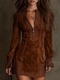 Zipper Lace Trim Patchwork V-Neck Long Sleeve Embroidered Dress