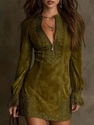 Zipper Lace Trim Patchwork V-Neck Long Sleeve Embroidered Dress