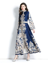 Vintage Druck Ausgestellte Ärmel Einreihig Plissiertes Langes Kleid