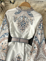 Vintage Druck Ausgestellte Ärmel Einreihig Plissiertes Langes Kleid