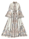 Vintage Print Flared Sleeve Single-Breasted Pleated Long Dress