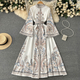 Vintage Print Flared Sleeve Single-Breasted Pleated Long Dress