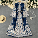 Vintage Druck Ausgestellte Ärmel Einreihig Plissiertes Langes Kleid