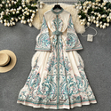 Vintage Druck Ausgestellte Ärmel Einreihig Plissiertes Langes Kleid