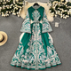 Vintage Print Flared Sleeve Single-Breasted Pleated Long Dress