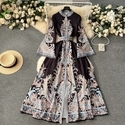 French Vintage Printed Long Dress With Flared Sleeves
