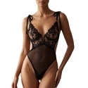 Schwarzer Damen-Bodysuit mit besticktem Mesh-Einsatz, tiefem V-Ausschnitt, rückenfrei und transparentem Cami