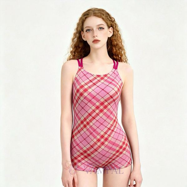 Watermelon Red Conservative One-Piece Racing Swimsuit With Chest Pad