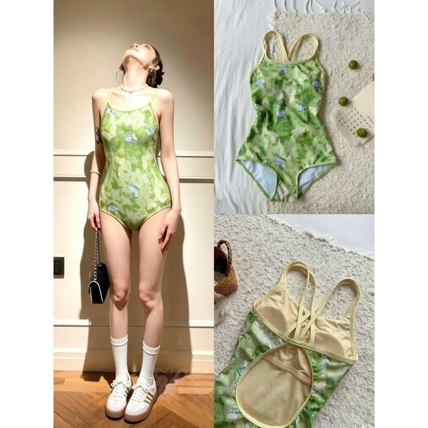 Green French Green Racing Swimsuit With Chest Pad