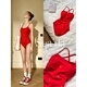 Red Red Embroidered Heart Pattern Athletic Swimsuit