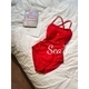 Red Red Embroidered Heart Pattern Athletic Swimsuit