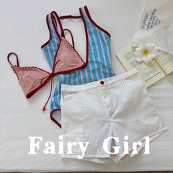 Blue Striped Swimsuit + White Shorts