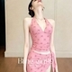 Rosa Rosa Schleife Halter Neck Zweiteiliger Badeanzug Mit Tiefem V-Ausschnitt