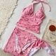 Rosa Rosa Schleife Halter Neck Zweiteiliger Badeanzug Mit Tiefem V-Ausschnitt