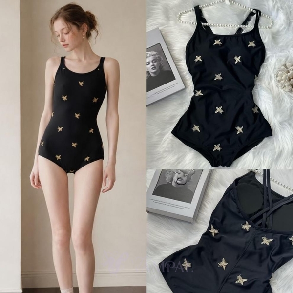 Black Bee Black Embroidered Bee One-Piece Swimsuit Square Leg