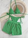 Gestrickt Mesh Gestreift Boyshort Badeanzug Dreiteiliges Bikini Set