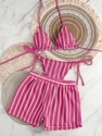 Gestrickt Mesh Gestreift Boyshort Badeanzug Dreiteiliges Bikini Set