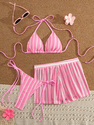 Gestrickt Mesh Gestreift Boyshort Badeanzug Dreiteiliges Bikini Set