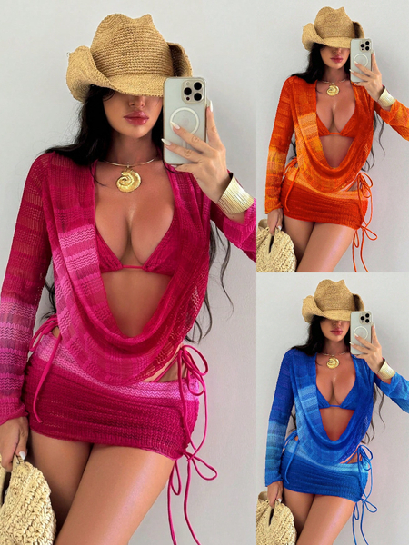 Batikdruck Mesh Langarm Vierteiliges Badeanzug Set