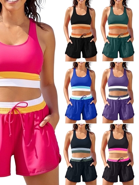 Color-Block Faux Two-Piece Yoga Shorts Set