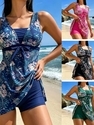Leaf Floral Print Tankini Swimsuit Set With Skirted Top And Boy Shorts