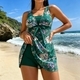 Leaf Floral Print Tankini Swimsuit Set With Skirted Top And Boy Shorts