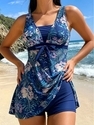 Leaf Floral Print Tankini Swimsuit Set With Skirted Top And Boy Shorts