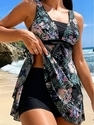 Leaf Floral Print Tankini Swimsuit Set With Skirted Top And Boy Shorts