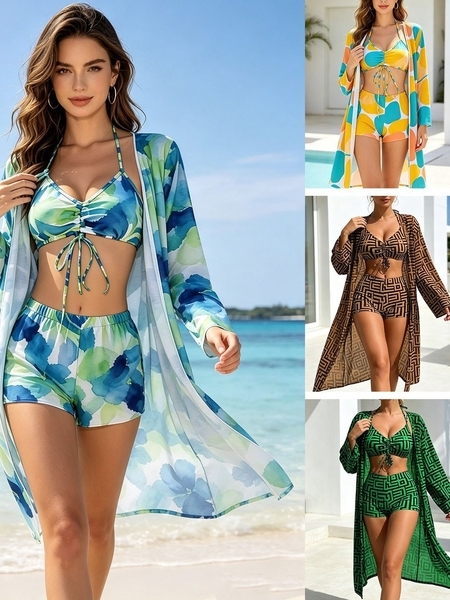 Digitaldruck Einteiler Badeanzug mit Bikini Dreiteiler-Set