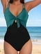 Color-Block Lace-Up One-Piece Swimsuit High-Waist Open-Back