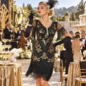 Gatsby Retro Fringe Sequin Beaded V-Neck Short Sleeve Dress