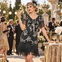 Gatsby Retro Fringe Sequin Beaded V-Neck Short Sleeve Dress
