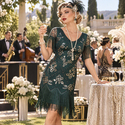 Gatsby Retro Fringe Sequin Beaded V-Neck Short Sleeve Dress