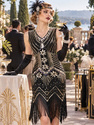 Black Gold Retro Sequin Beaded Fringe Vest Dress For Cocktail Party