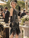 Black Gold Retro Sequin Beaded Fringe Vest Dress For Cocktail Party