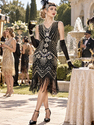 Black Gold Retro Sequin Beaded Fringe Vest Dress For Cocktail Party