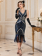 Dark blue Vintage Sequin Fringe V-Neck Evening Gown