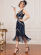 Dark blue Vintage Sequin Fringe V-Neck Evening Gown