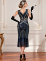 Dark blue Vintage Sequin Fringe V-Neck Evening Gown