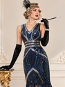 Dark blue Vintage Sequin Fringe V-Neck Evening Gown
