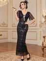 Vintage-Pailletten-Perlen-Langes-Abendkleid mit V-Ausschnitt und Kurzarm