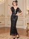 Vintage Sequin Beaded Long Evening Dress V-Neck Short Sleeve
