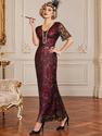 Vintage-Pailletten-Perlen-Langes-Abendkleid mit V-Ausschnitt und Kurzarm