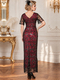 Vintage Sequin Beaded Long Evening Dress V-Neck Short Sleeve