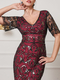 Vintage Sequin Beaded Long Evening Dress V-Neck Short Sleeve