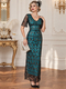 Vintage Sequin Beaded Long Evening Dress V-Neck Short Sleeve