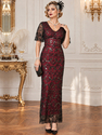 Vintage-Pailletten-Perlen-Langes-Abendkleid mit V-Ausschnitt und Kurzarm