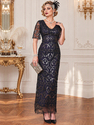 Vintage-Pailletten-Perlen-Langes-Abendkleid mit V-Ausschnitt und Kurzarm