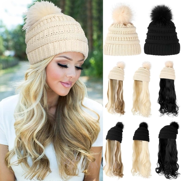 Long Curly Wavy Knit Wig Hat With Side-Swept Bangs